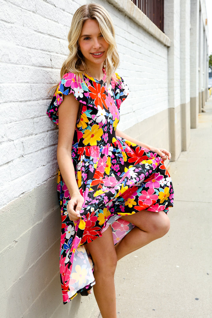 Spread Joy Black &amp; Multicolor Floral Flutter Sleeve Babydoll Dress | Nikki &amp; Co. Boutique