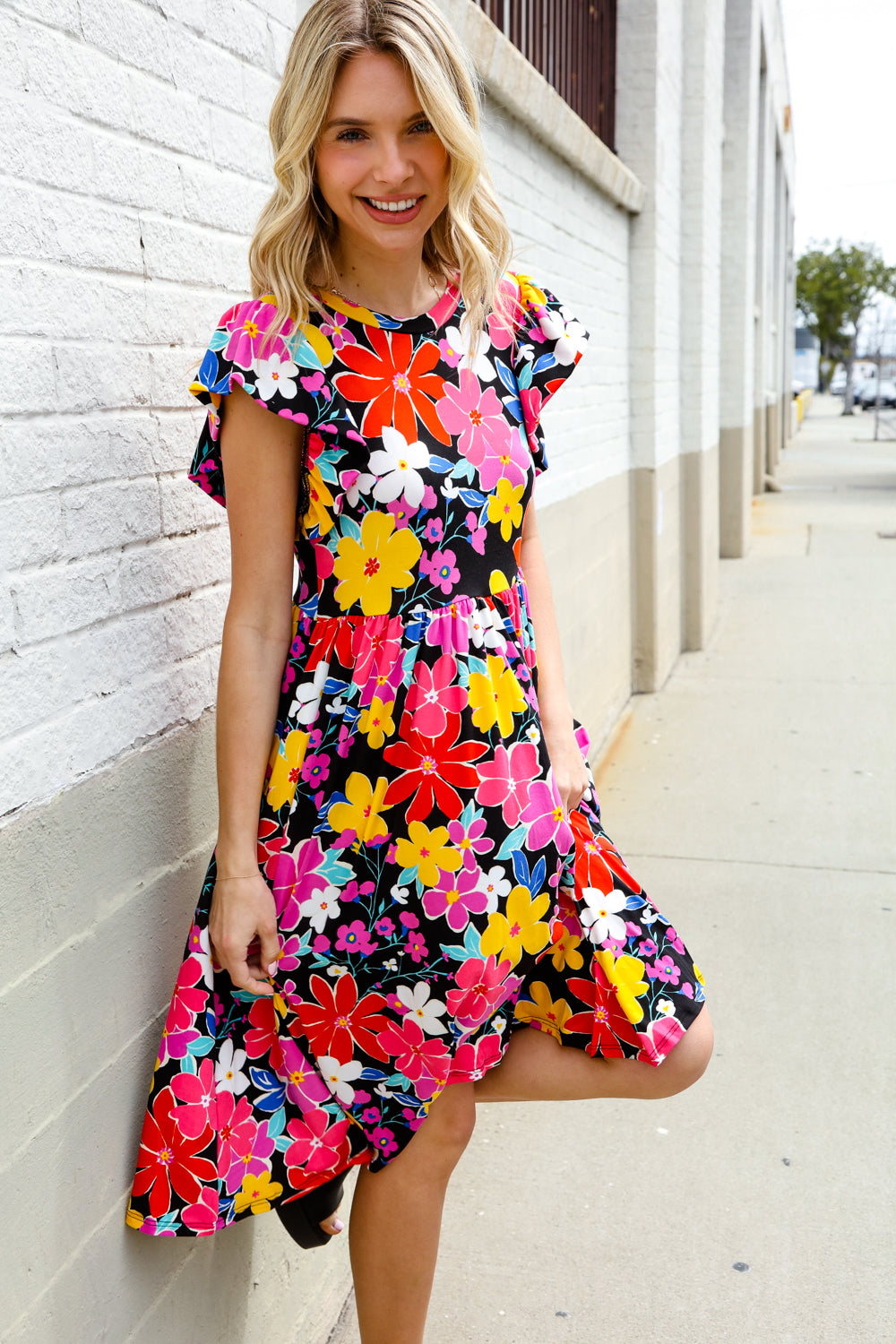 Spread Joy Black &amp; Multicolor Floral Flutter Sleeve Babydoll Dress | Nikki &amp; Co. Boutique