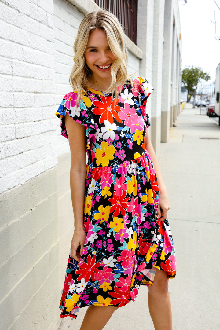 Spread Joy Black &amp; Multicolor Floral Flutter Sleeve Babydoll Dress | Nikki &amp; Co. Boutique