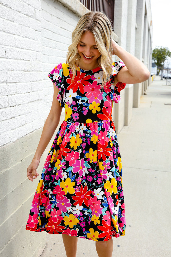 Spread Joy Black &amp; Multicolor Floral Flutter Sleeve Babydoll Dress | Nikki &amp; Co. Boutique