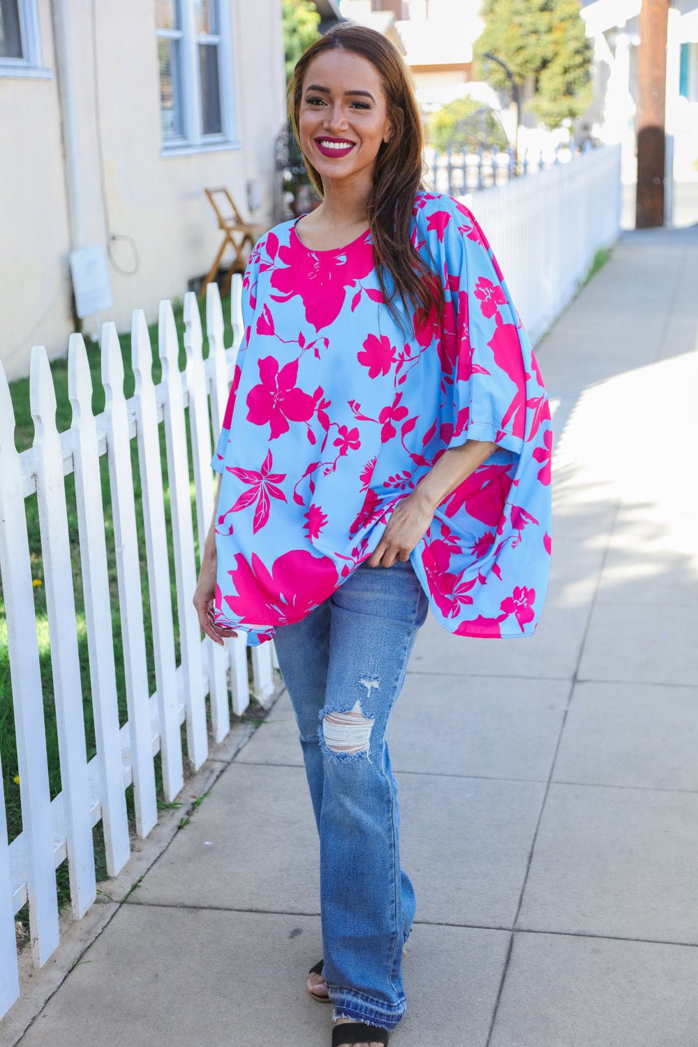 Follow Me Fuchsia Floral Asymmetrical Coverup Blouse - Nikki &amp; Co. Boutique