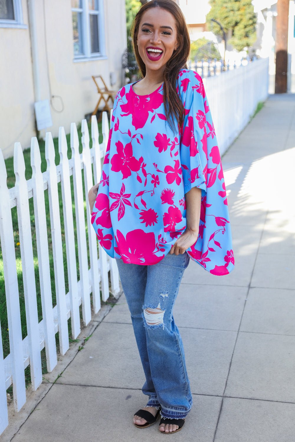 Follow Me Fuchsia Floral Asymmetrical Coverup Blouse - Nikki &amp; Co. Boutique