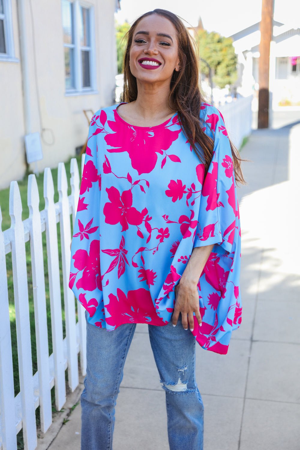 Follow Me Fuchsia Floral Asymmetrical Coverup Blouse - Nikki &amp; Co. Boutique