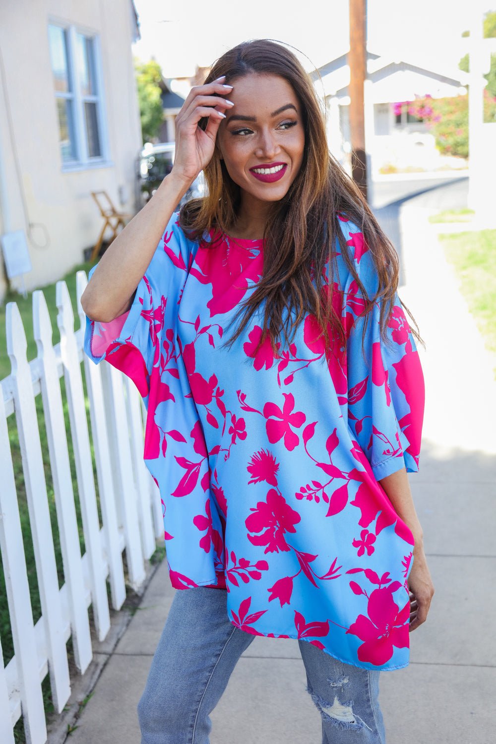 Follow Me Fuchsia Floral Asymmetrical Coverup Blouse - Nikki &amp; Co. Boutique
