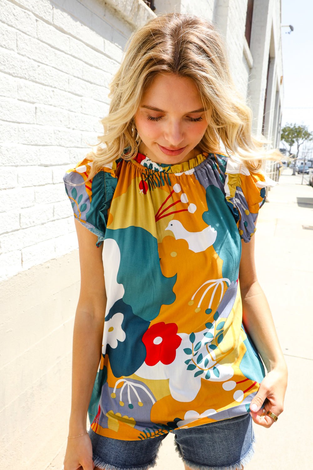 Be Bold Multicolor Abstract Print Flutter Sleeve Mock Neck Tops - Nikki &amp; Co. Boutique