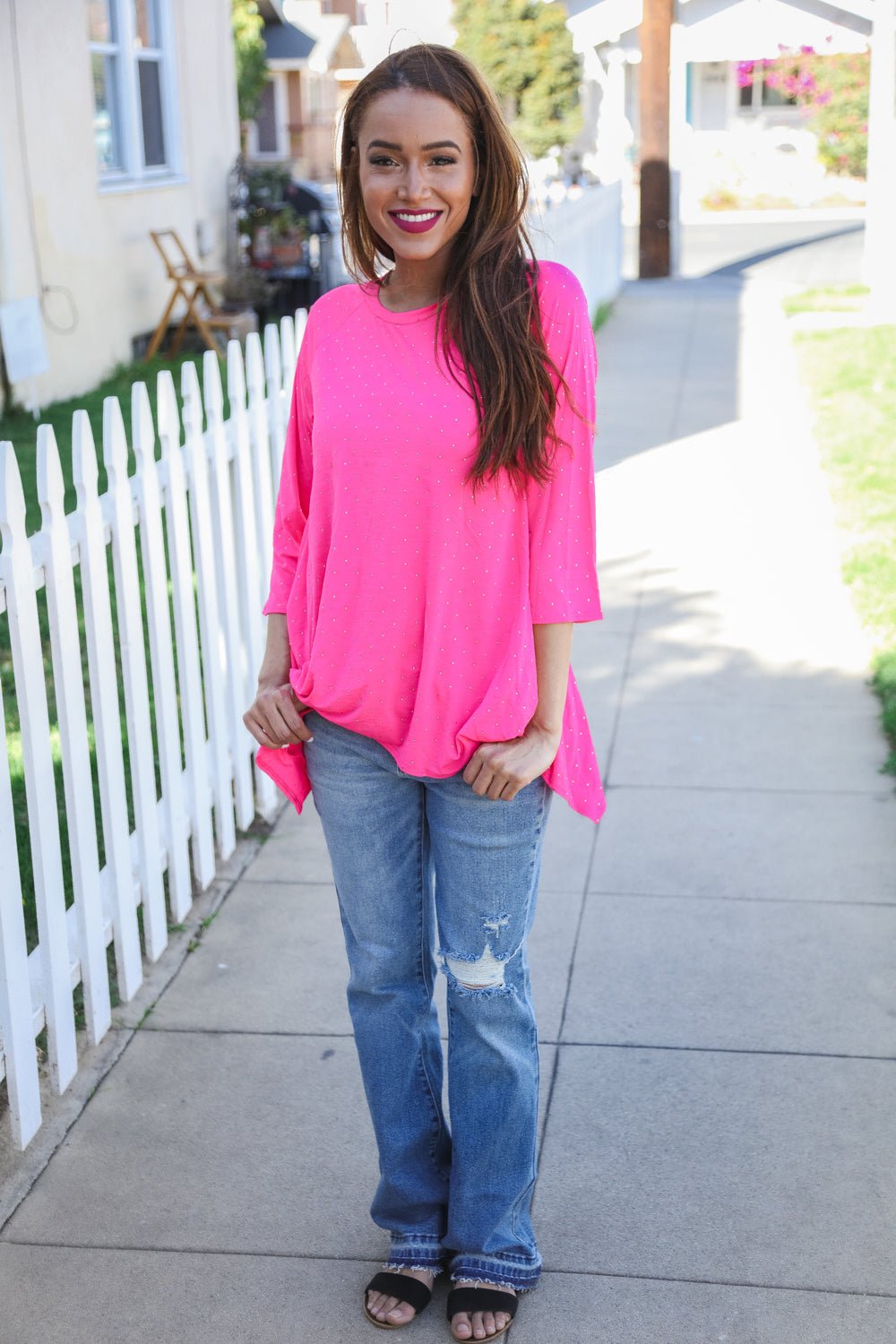 Be Bold Hot Pink Glitter Stud Scarf Hem Tops - Nikki &amp; Co. Boutique