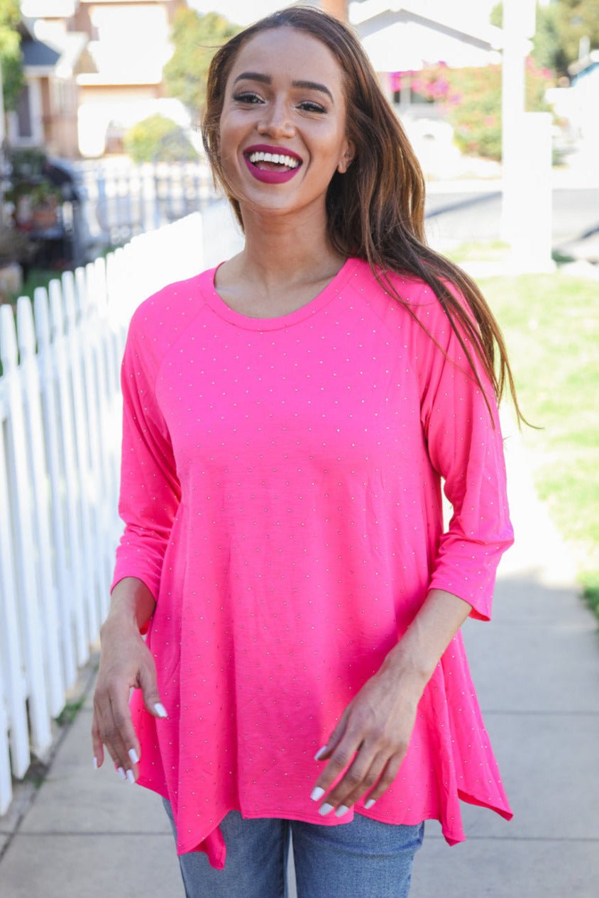 Be Bold Hot Pink Glitter Stud Scarf Hem Tops - Nikki &amp; Co. Boutique