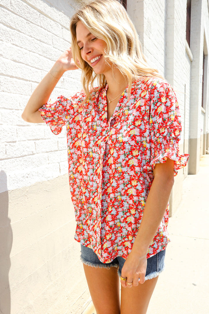 Elegant You Ruby Notched Neck Floral Smocked Sleeve Blouse | Nikki &amp; Co. Boutique