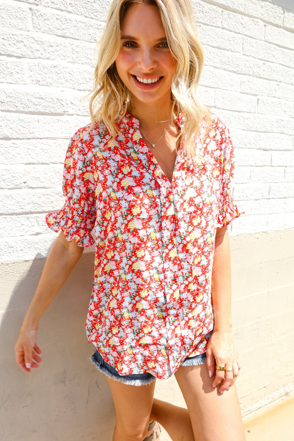 Elegant You Ruby Notched Neck Floral Smocked Sleeve Blouse | Nikki &amp; Co. Boutique