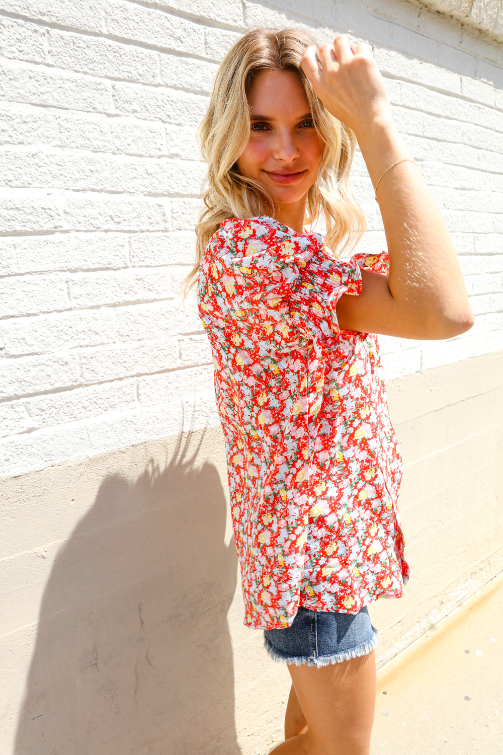 Elegant You Ruby Notched Neck Floral Smocked Sleeve Blouse | Nikki &amp; Co. Boutique