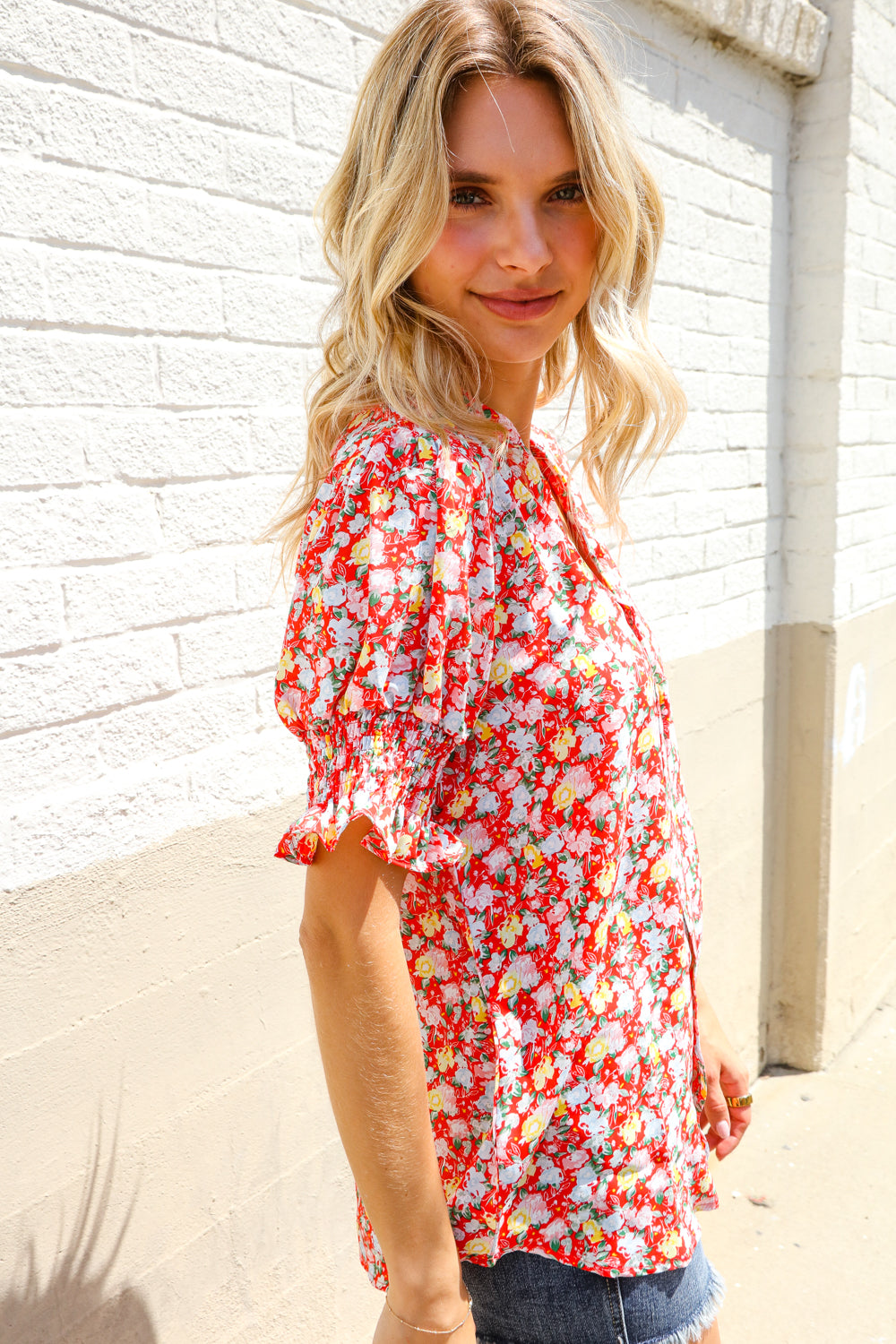 Elegant You Ruby Notched Neck Floral Smocked Sleeve Blouse