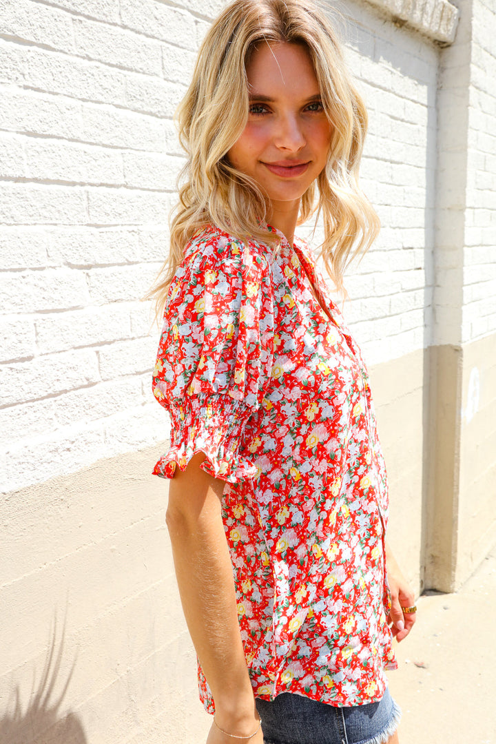 Elegant You Ruby Notched Neck Floral Smocked Sleeve Blouse | Nikki &amp; Co. Boutique