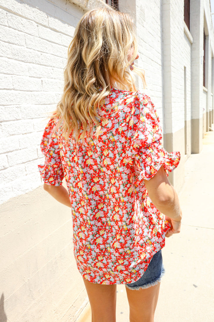 Elegant You Ruby Notched Neck Floral Smocked Sleeve Blouse | Nikki &amp; Co. Boutique