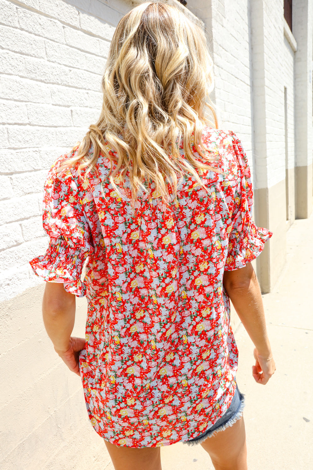 Elegant You Ruby Notched Neck Floral Smocked Sleeve Blouse | Nikki &amp; Co. Boutique