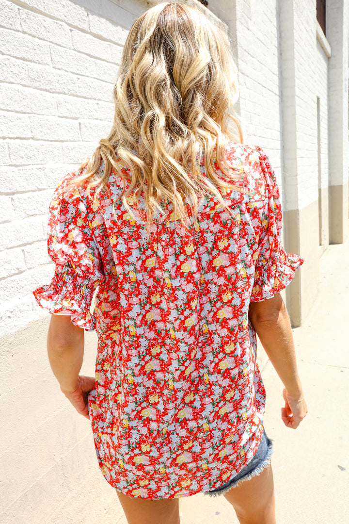 Elegant You Ruby Notched Neck Floral Smocked Sleeve Blouse | Nikki &amp; Co. Boutique