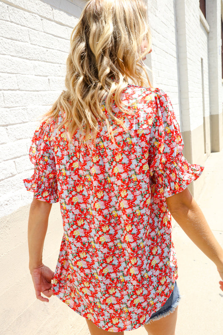 Elegant You Ruby Notched Neck Floral Smocked Sleeve Blouse | Nikki &amp; Co. Boutique