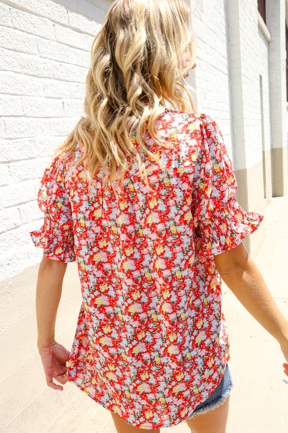 Elegant You Ruby Notched Neck Floral Smocked Sleeve Blouse | Nikki &amp; Co. Boutique