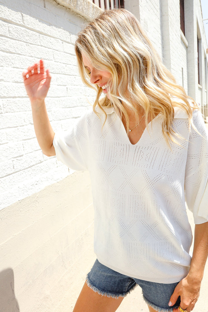 Lock Eyes White Pointelle Collar V Neck Shorts Sleeve Tops | Nikki &amp; Co. Boutique