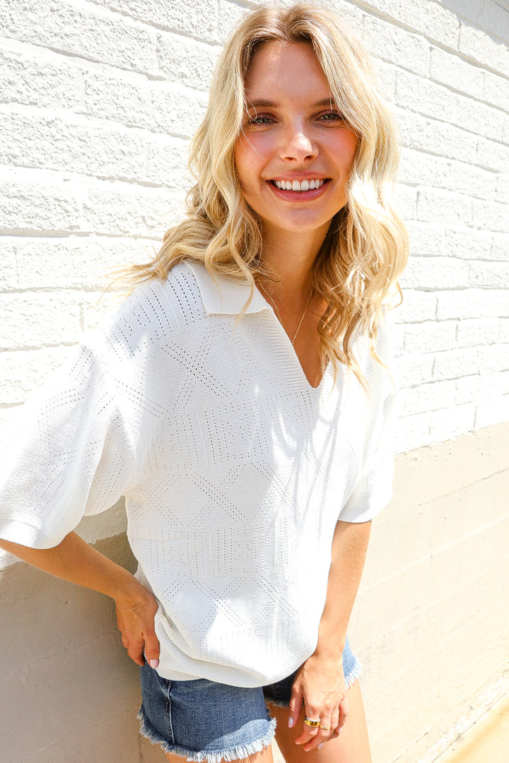 Lock Eyes White Pointelle Collar V Neck Shorts Sleeve Tops | Nikki &amp; Co. Boutique