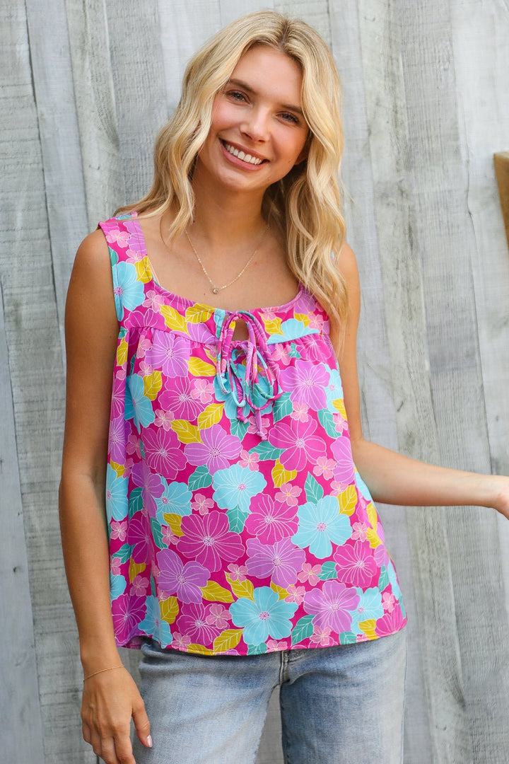 Summer Vibes Fuchsia Square Neck Floral Bow Tie Tops | Nikki &amp; Co. Boutique