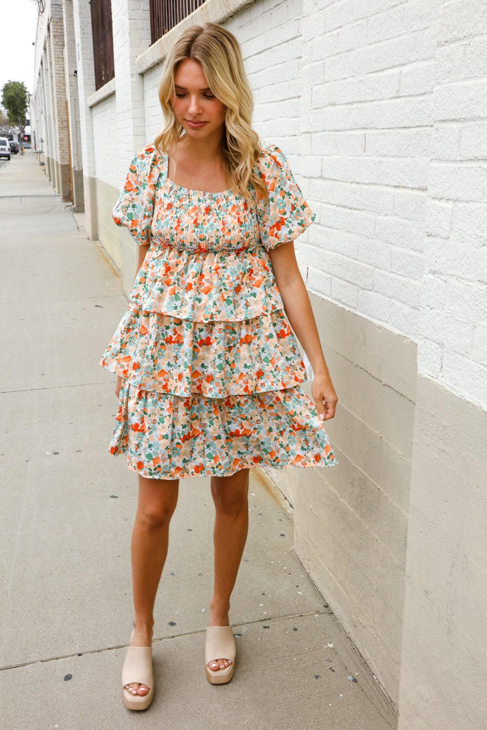 Find Love Floral Print Smocked Neck Puff Sleeve Ruffle Tiered Dress - Nikki &amp; Co. Boutique