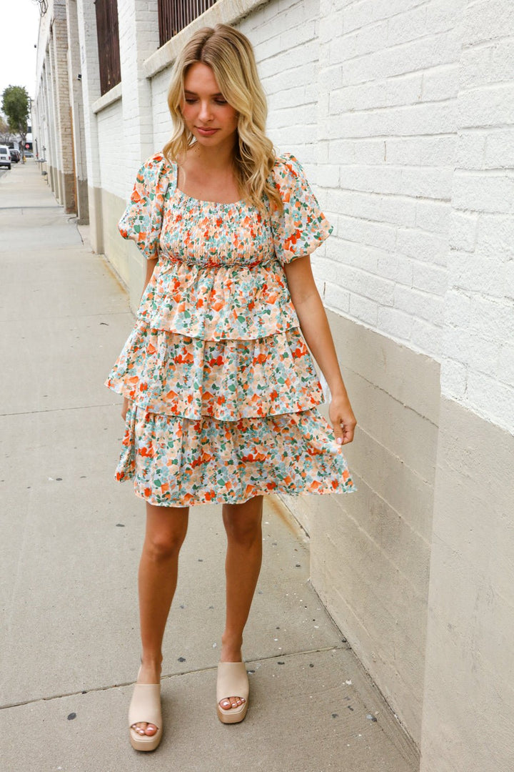 Find Love Floral Print Smocked Neck Puff Sleeve Ruffle Tiered Dress - Nikki &amp; Co. Boutique