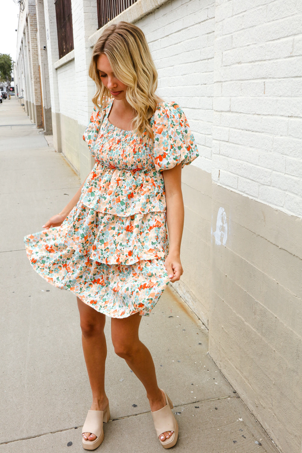 Find Love Floral Print Smocked Neck Puff Sleeve Ruffle Tiered Dress