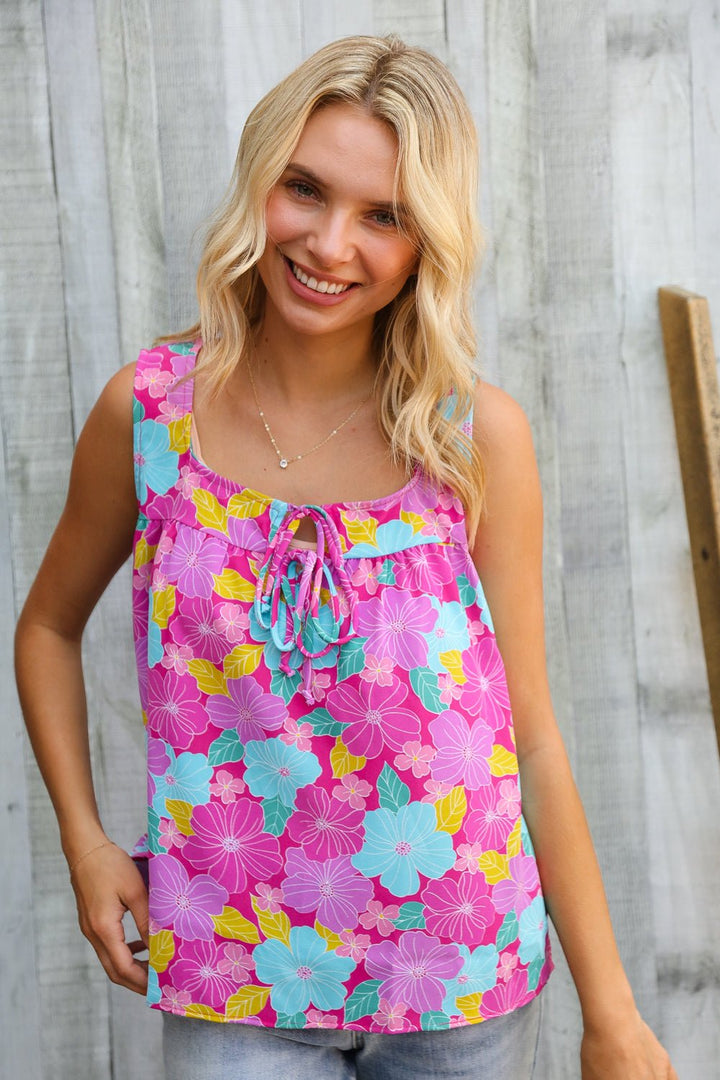 Summer Vibes Fuchsia Square Neck Floral Bow Tie Tops | Nikki &amp; Co. Boutique