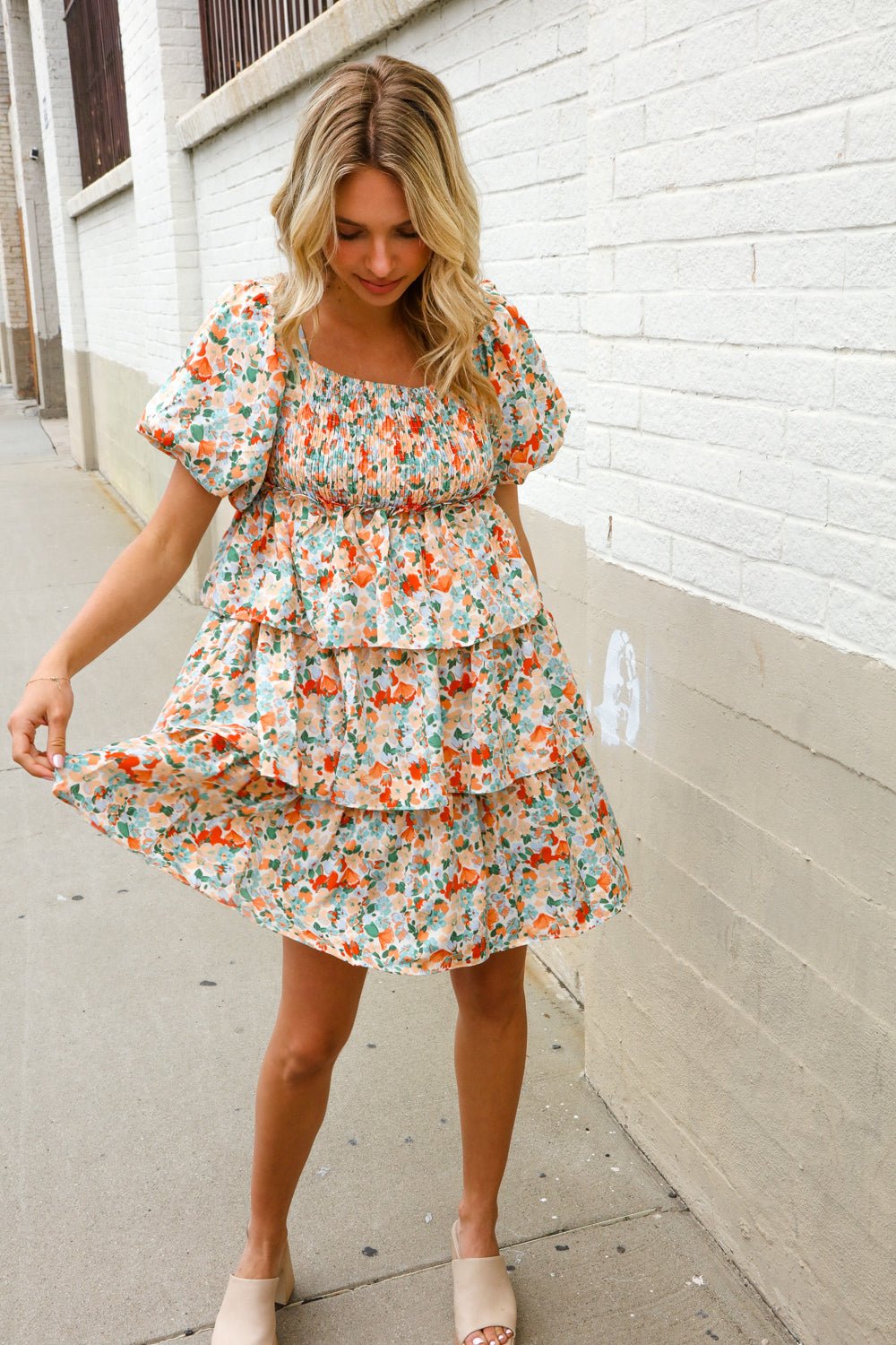 Find Love Floral Print Smocked Neck Puff Sleeve Ruffle Tiered Dress - Nikki &amp; Co. Boutique