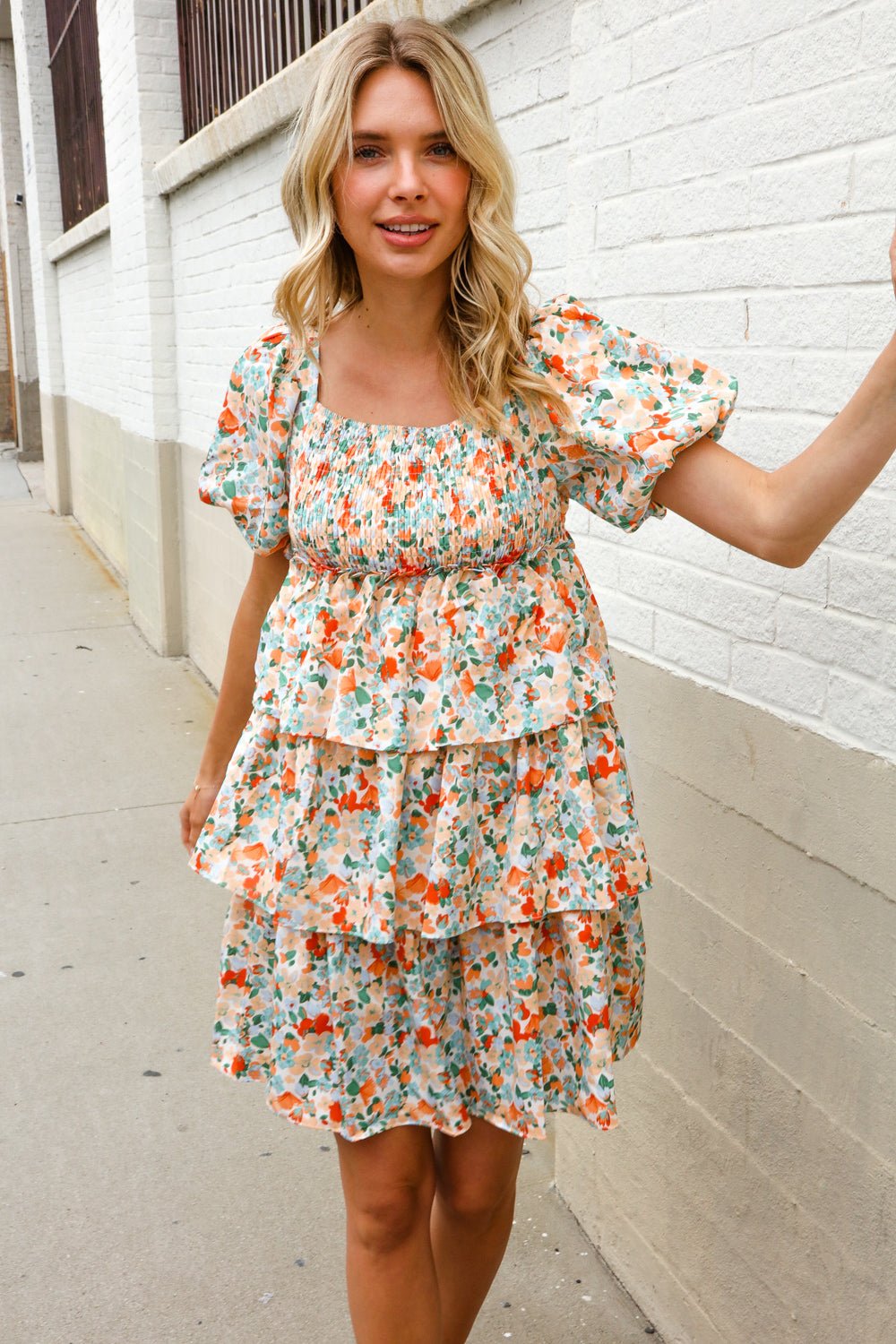 Find Love Floral Print Smocked Neck Puff Sleeve Ruffle Tiered Dress - Nikki &amp; Co. Boutique
