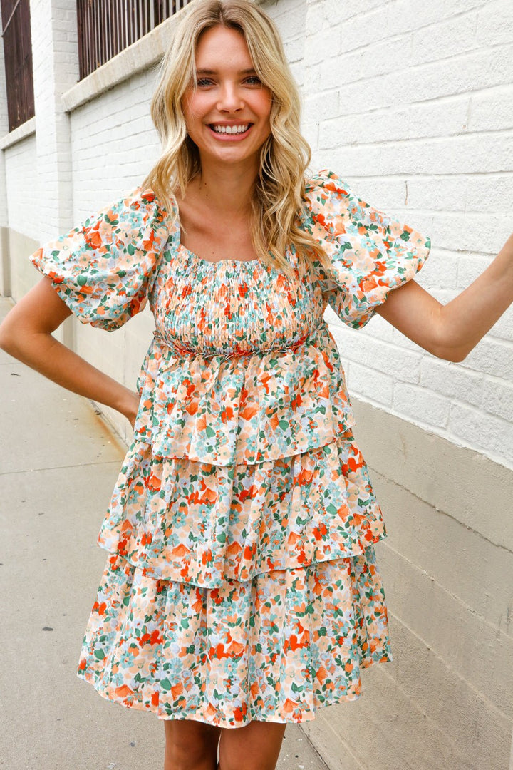 Find Love Floral Print Smocked Neck Puff Sleeve Ruffle Tiered Dress - Nikki &amp; Co. Boutique