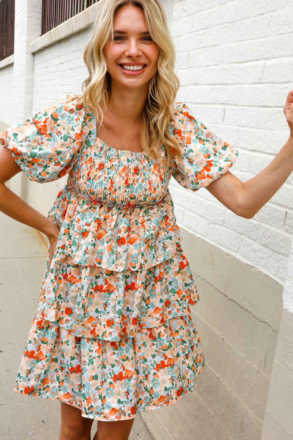 Find Love Floral Print Smocked Neck Puff Sleeve Ruffle Tiered Dress - Nikki &amp; Co. Boutique