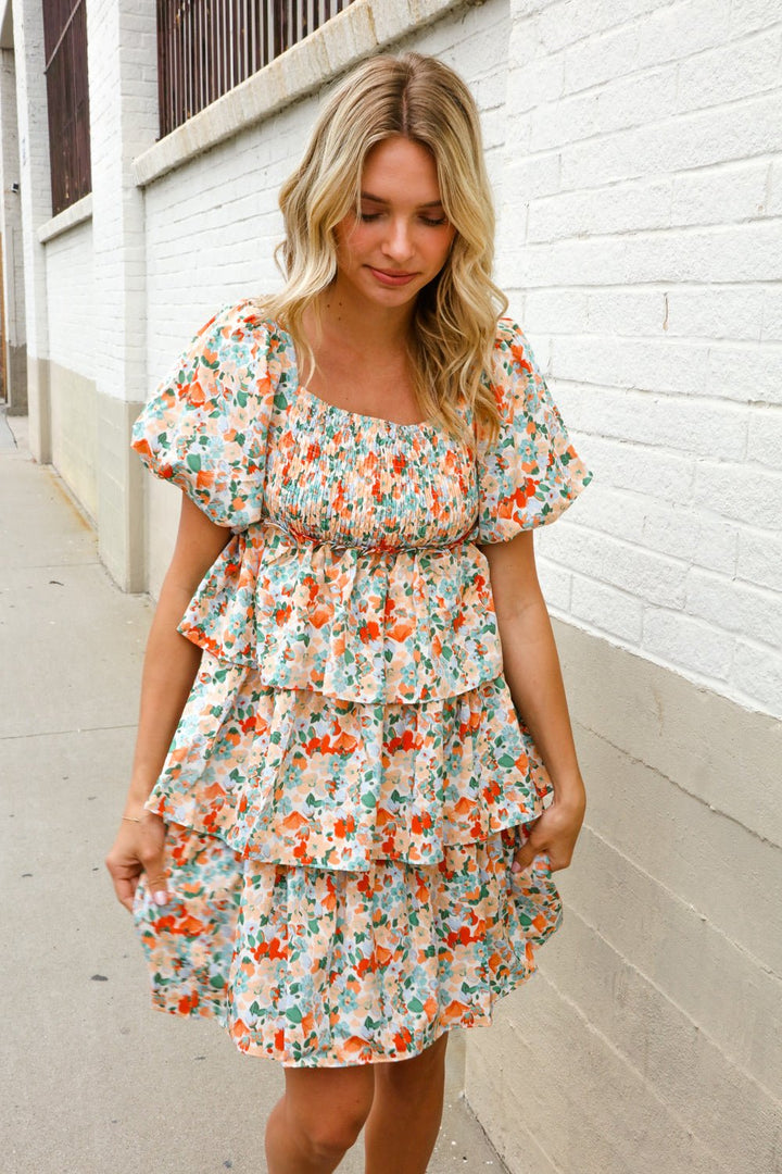 Find Love Floral Print Smocked Neck Puff Sleeve Ruffle Tiered Dress - Nikki &amp; Co. Boutique