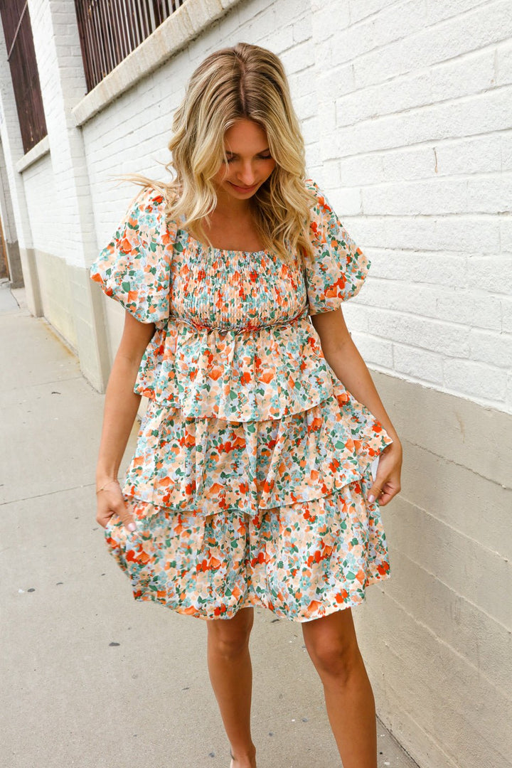 Find Love Floral Print Smocked Neck Puff Sleeve Ruffle Tiered Dress - Nikki &amp; Co. Boutique
