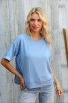 Look My Way Denim Hi - Lo French Terry Outseam Pullover - Nikki and Co Boutique