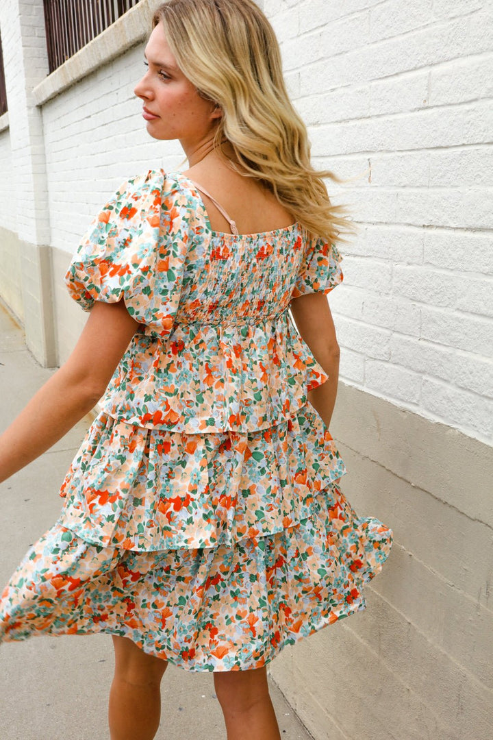 Find Love Floral Print Smocked Neck Puff Sleeve Ruffle Tiered Dress - Nikki &amp; Co. Boutique