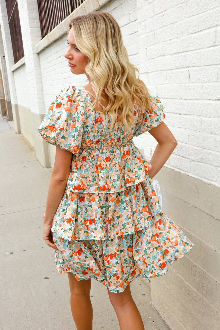 Find Love Floral Print Smocked Neck Puff Sleeve Ruffle Tiered Dress - Nikki &amp; Co. Boutique
