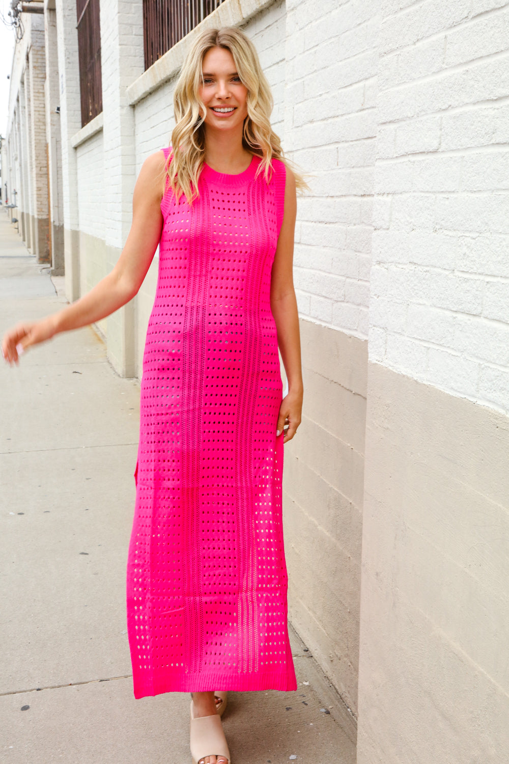 The Perfect Find Hot Pink Pointelle Sleeveless Side Slit Midi Coverup | Nikki &amp; Co. Boutique