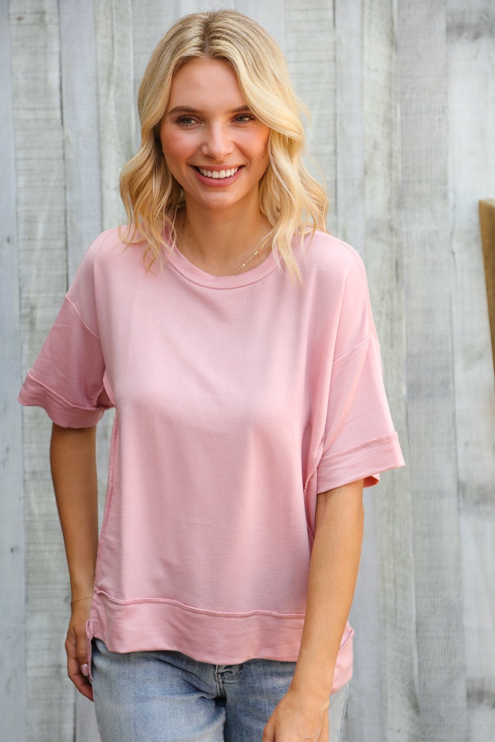 Look My Way Blush Hi - Lo French Terry Outseam Pullover - Nikki & Co. Boutique