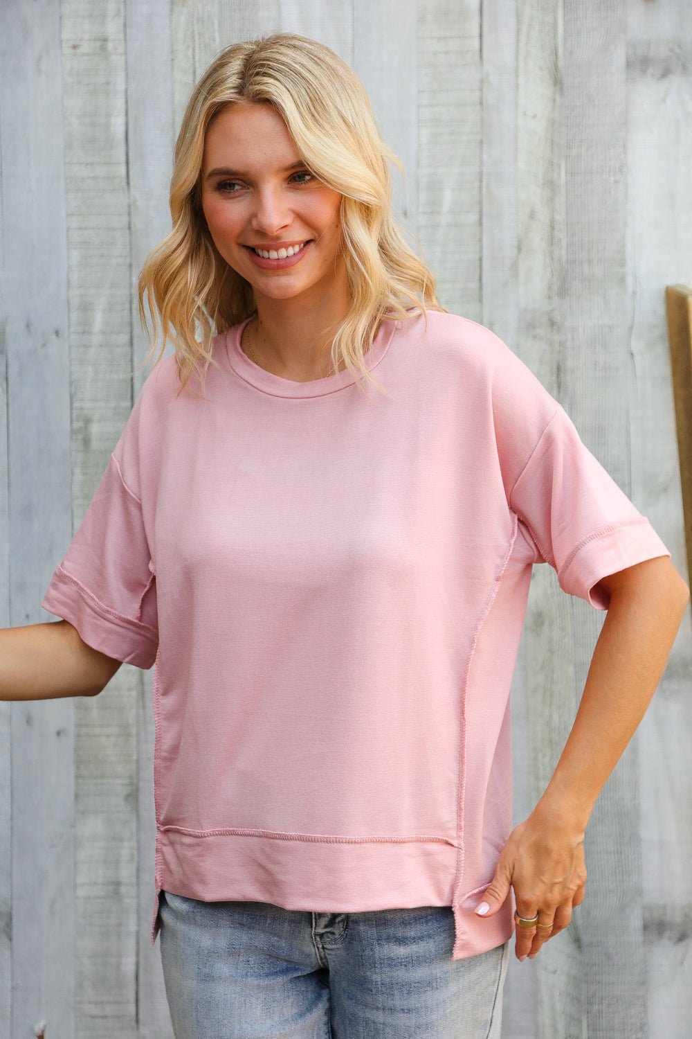 Look My Way Blush Hi - Lo French Terry Outseam Pullover - Nikki & Co. Boutique