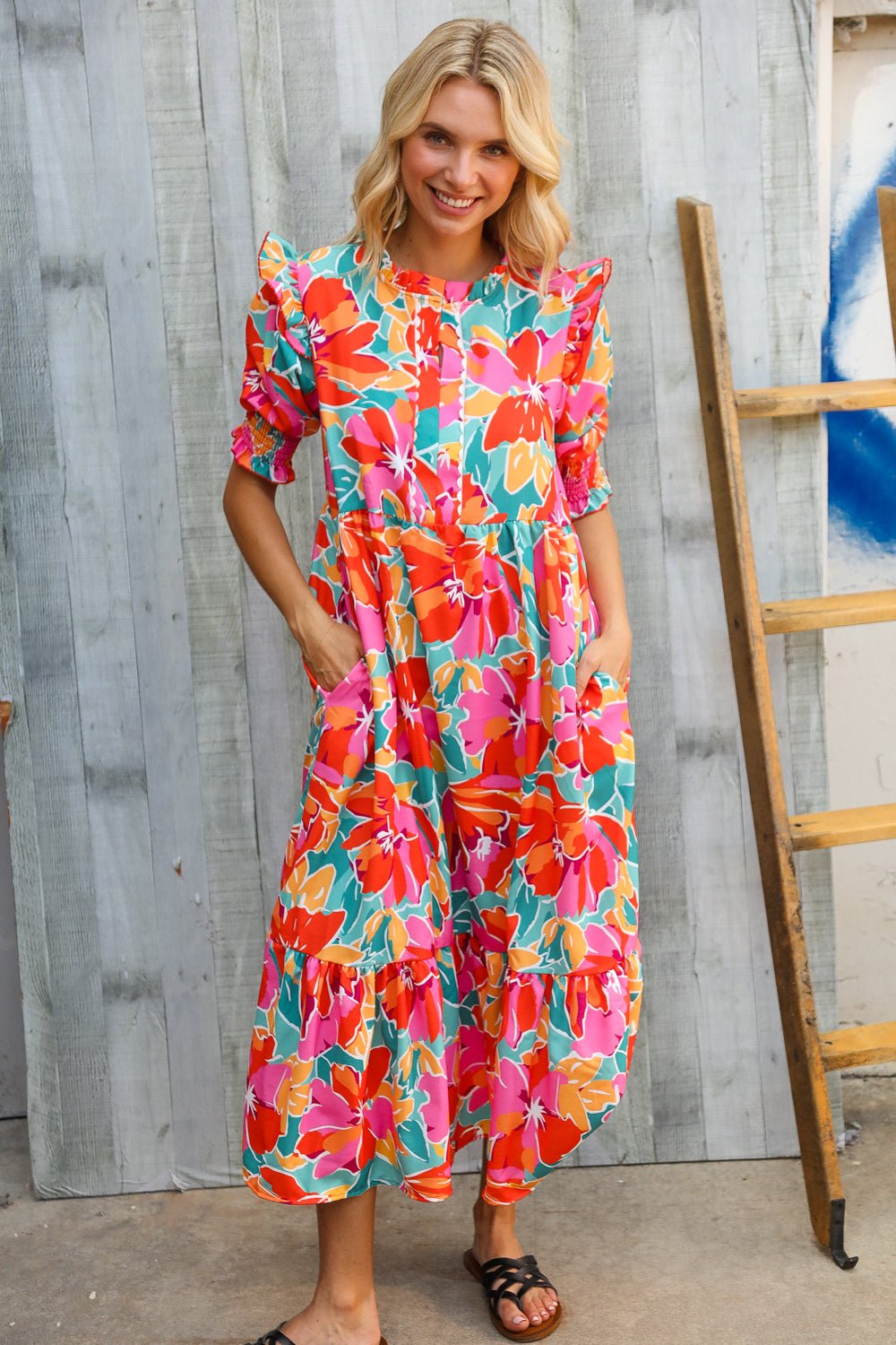 Dazzle In Orange & Aqua Floral Smocked Notched Neck Midi Dress - Nikki and Co Boutique