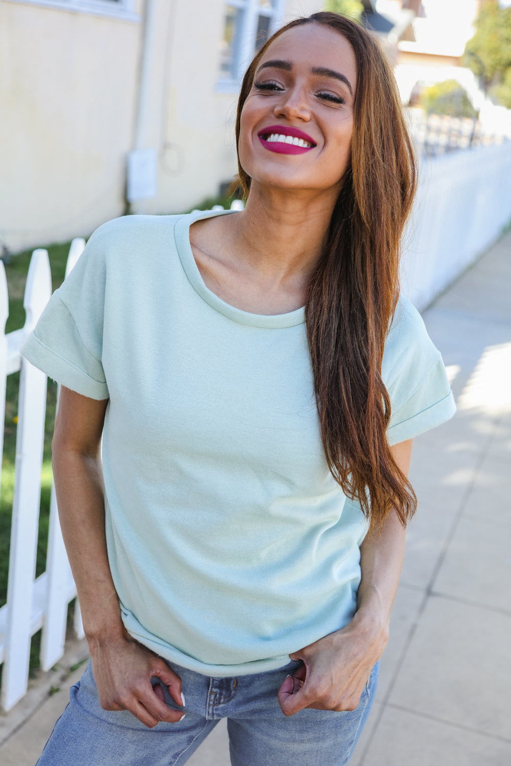 Casual Living Sage Terry Capped Shorts Sleeve Patch Back Tees | Nikki &amp; Co. Boutique