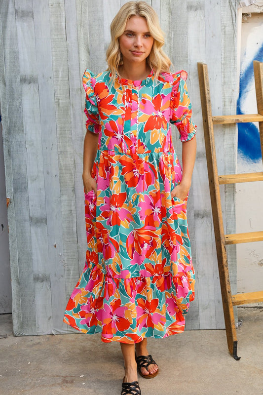 Dazzle In Orange & Aqua Floral Smocked Notched Neck Midi Dress - Nikki and Co Boutique