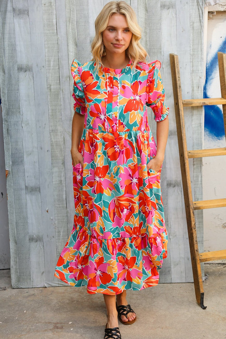 Dazzle In Orange &amp; Aqua Floral Smocked Notched Neck Midi Dress | Nikki &amp; Co. Boutique