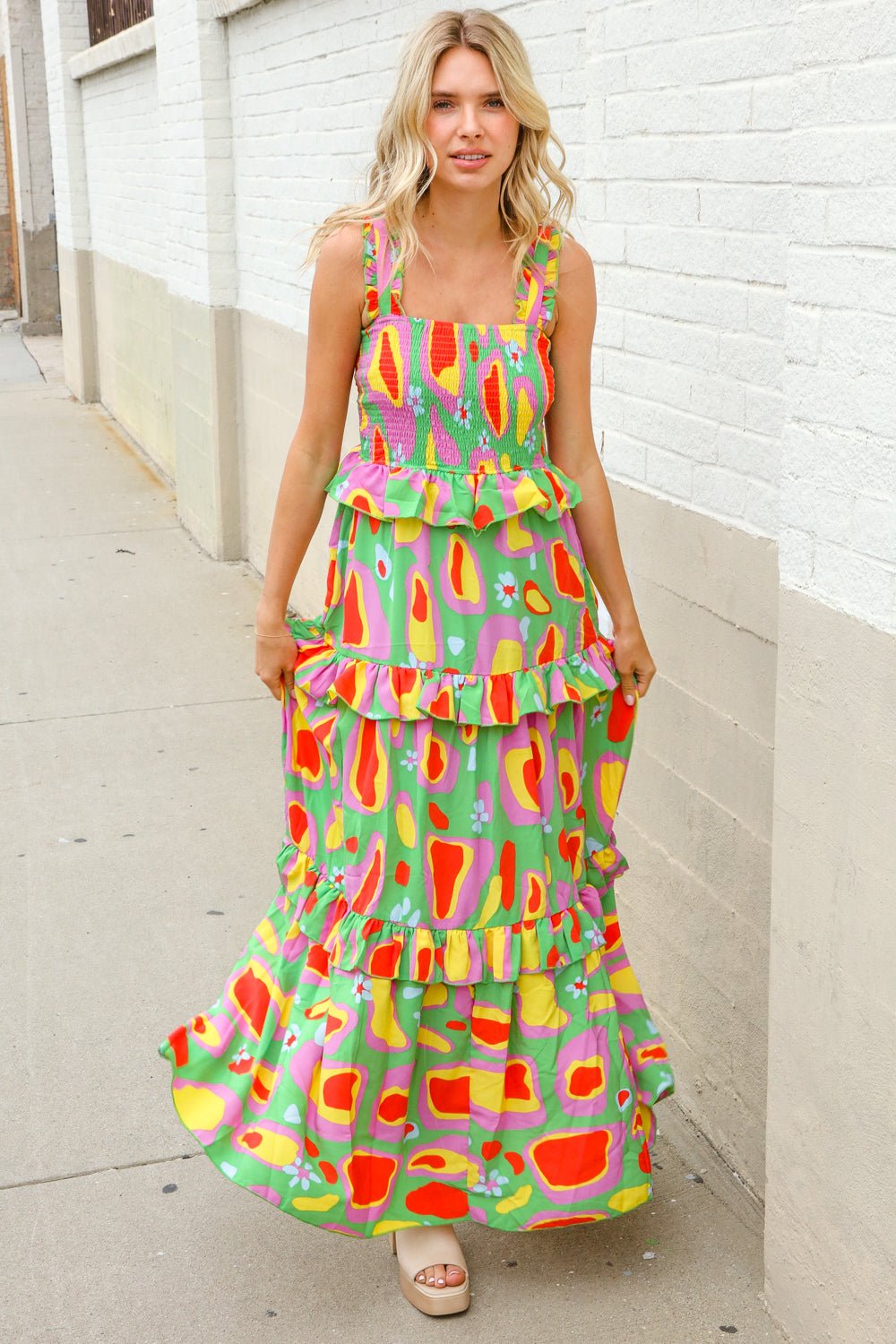 Sunny Days Abstract Print Tiered Ruffle Smocked Sleeveless Maxi - Nikki &amp; Co. Boutique