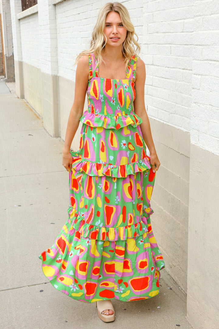 Sunny Days Abstract Print Tiered Ruffle Smocked Sleeveless Maxi - Nikki &amp; Co. Boutique