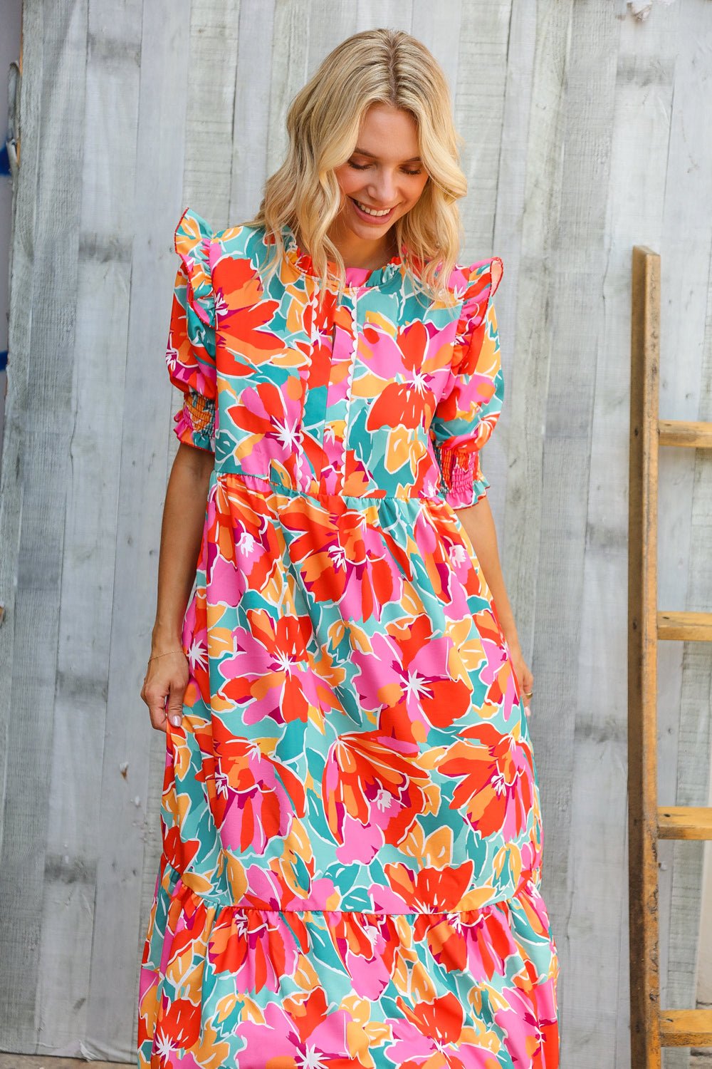 Dazzle In Orange &amp; Aqua Floral Smocked Notched Neck Midi Dress | Nikki &amp; Co. Boutique