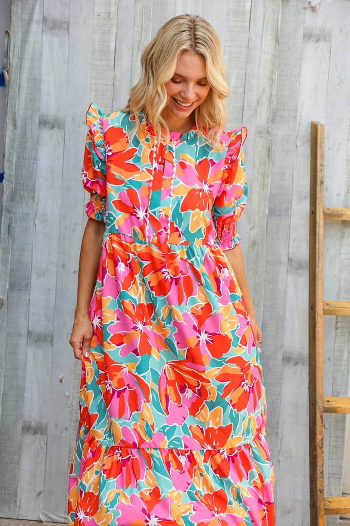 Dazzle In Orange &amp; Aqua Floral Smocked Notched Neck Midi Dress | Nikki &amp; Co. Boutique
