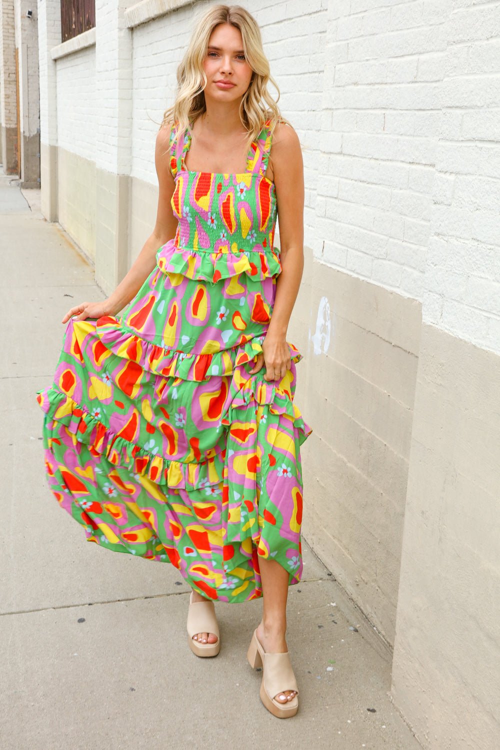 Sunny Days Abstract Print Tiered Ruffle Smocked Sleeveless Maxi - Nikki &amp; Co. Boutique