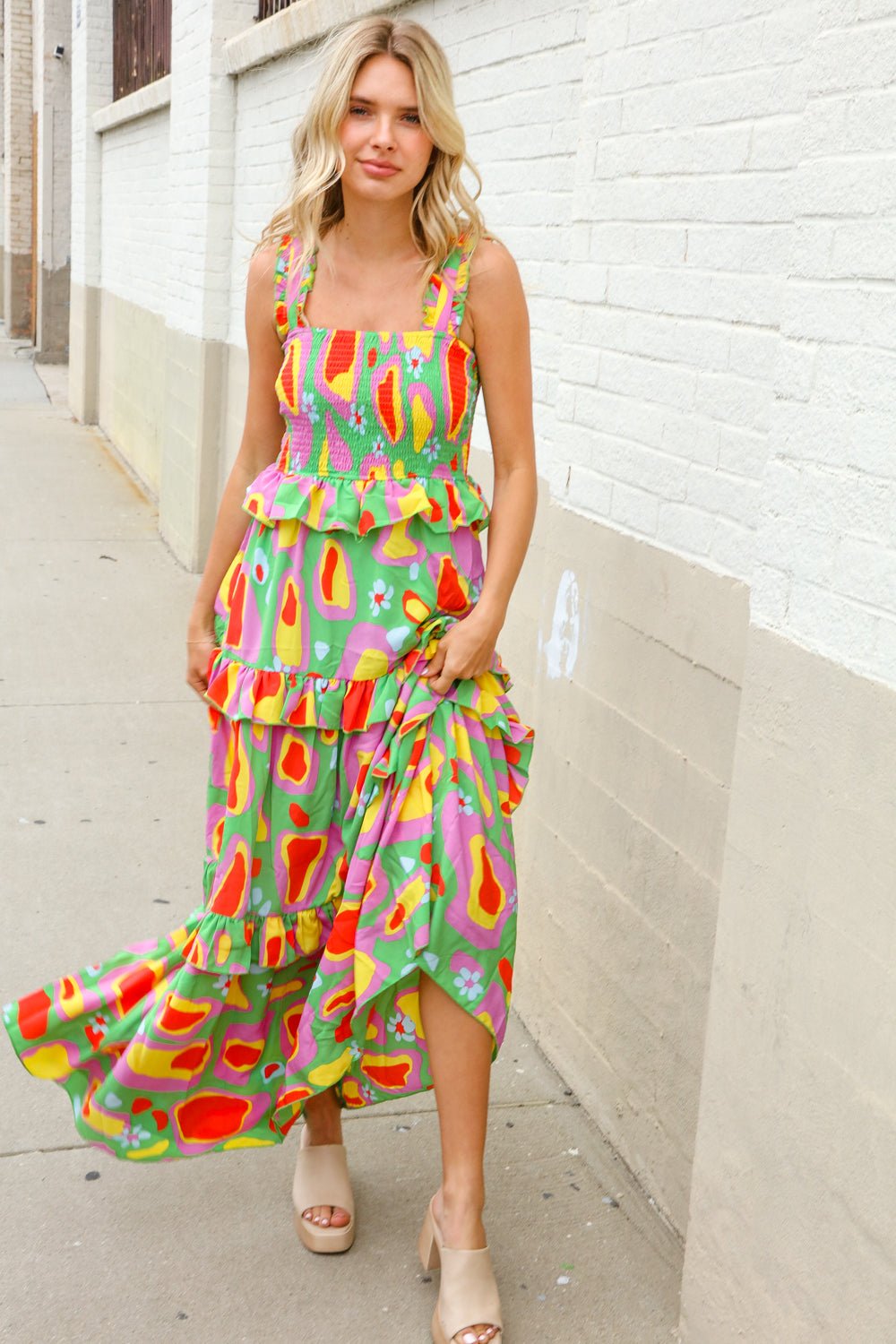 Sunny Days Abstract Print Tiered Ruffle Smocked Sleeveless Maxi - Nikki &amp; Co. Boutique